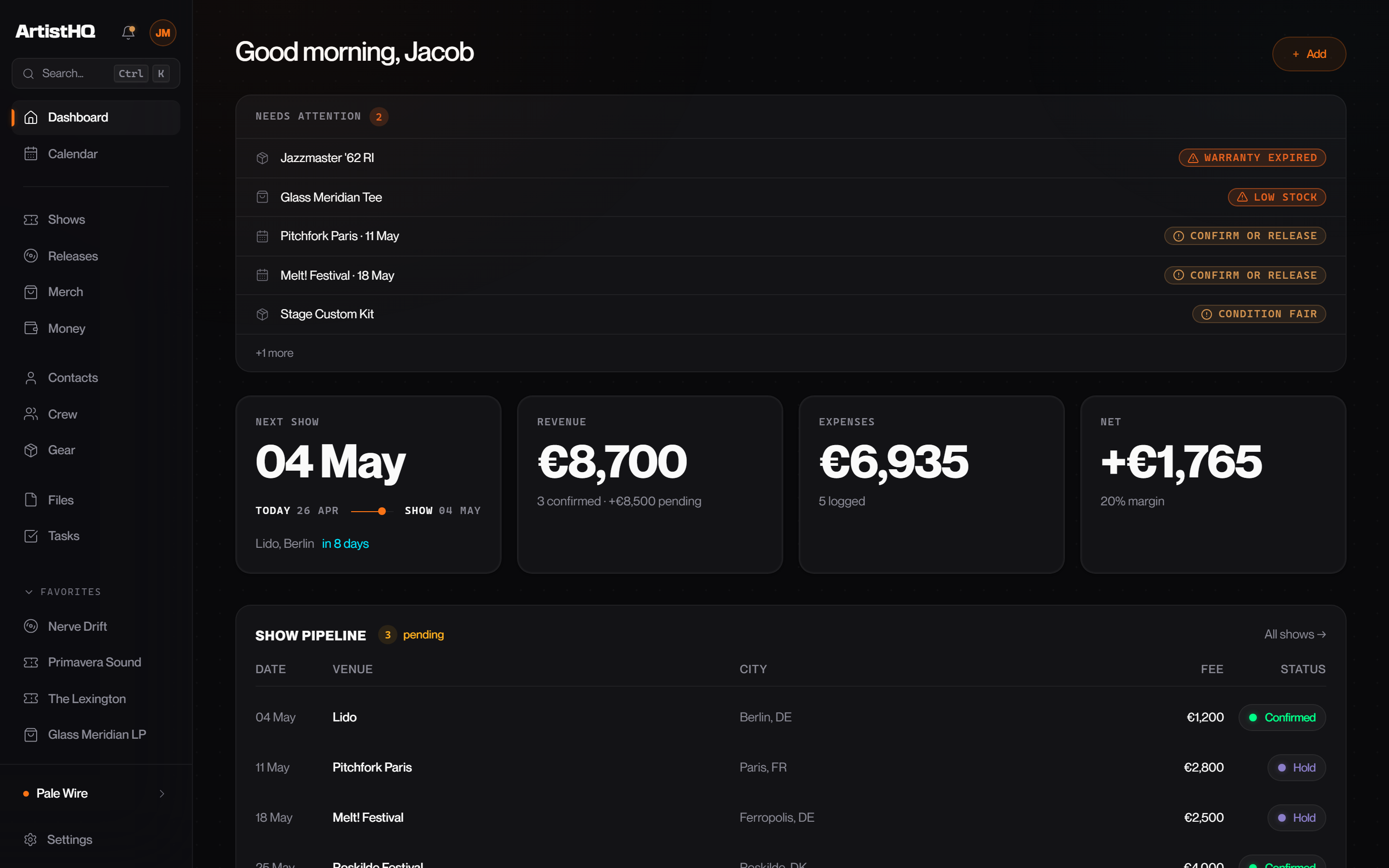 ArtistHQ Dashboard with upcoming shows, revenue, expenses, and profit at a glance